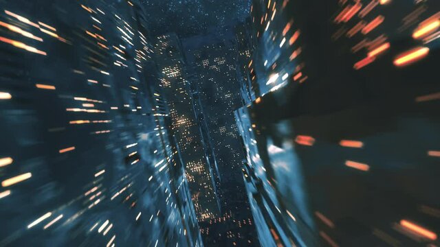 Futuristic cyberpunk city aerial flyby, concept of future technology