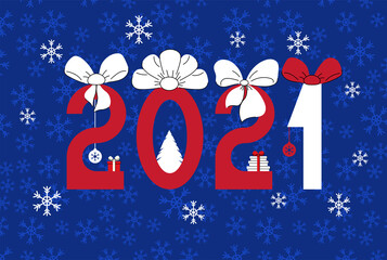 Happy new year 2021 text.Numbers with a Christmas tree,gifts,balls on a blue background with snowflakes. Template for your holiday flyers, greeting and invitation cards,website headers, advertisements