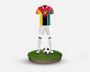 Mozambique soccer player standing on football grass, wearing a national flag uniform. Football concept. championship and world cup theme.