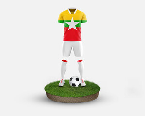 Myanmar soccer player standing on football grass, wearing a national flag uniform. Football concept. championship and world cup theme.