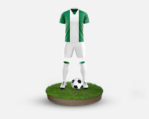 Nigeria soccer player standing on football grass, wearing a national flag uniform. Football concept. championship and world cup theme.