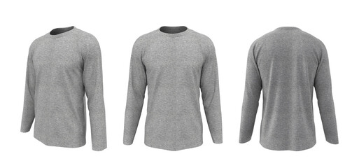 men's long-sleeve t-shirt mockup in front, side and back views, design presentation for print, 3d illustration, 3d rendering