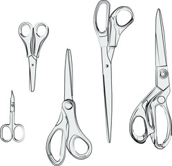 A set of scissors of different sizes and purposes. For handicrafts on sale, for cutting, paper appliqués and nail scissors. For sewing and creativity.