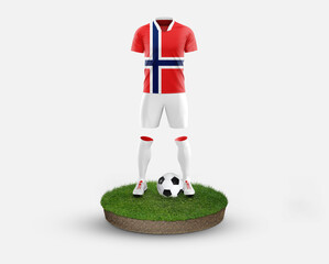 Norway soccer player standing on football grass, wearing a national flag uniform. Football concept. championship and world cup theme.