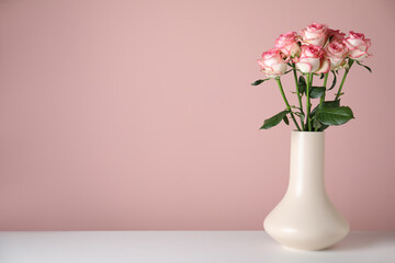 Vase with beautiful roses on white table against pink background. Space for text