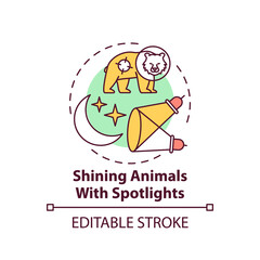 Shining animals with spotlights concept icon. Harm wildlife. Animal welfare. Nature conservation idea thin line illustration. Vector isolated outline RGB color drawing. Editable stroke