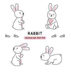 Set of doodle rabbits in various poses. Collection of cute characters isolated.