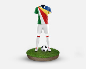 Seychelles soccer player standing on football grass, wearing a national flag uniform. Football...