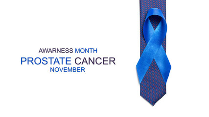 Cancer people. Blue ribbon, fashion tie isolated on white background. Awareness prostate cancer of men health in November. Man Healthcare and World cancer day concept.