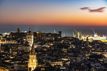 View of the city center of Genoa at sunset
