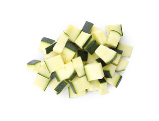 Pieces of ripe zucchini on white background, top view