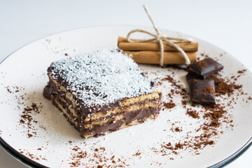 Delicious biscuit cake with chocolate.
