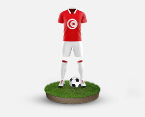 Tunisia soccer player standing on football grass, wearing a national flag uniform. Football concept. championship and world cup theme.
