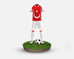 Turkey soccer player standing on football grass, wearing a national flag uniform. Football concept....