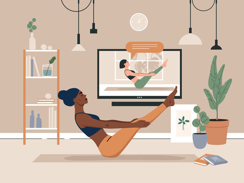Young black woman doing yoga exercise with video online course in home. Cozy room interior background with trendy shelf, plants, pictures, lamps and tv. Flat vector illustration.