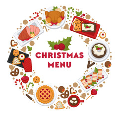 Christmas menu in circle, cafe or restaurant food