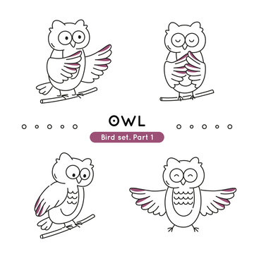 Set of doodle owls in various poses. Collection of cute characters isolated.