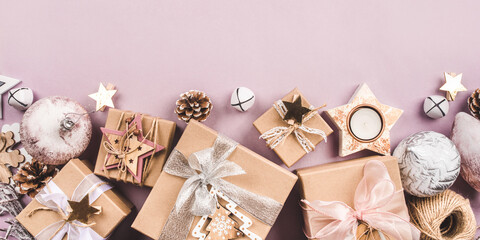 Festive Christmas background with gift boxes and Christmas decorations