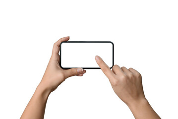 Woman hand touches on the white screen of smartphone. Isolated