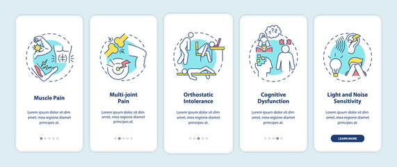 CFS symptoms onboarding mobile app page screen with concepts. Muscle pain, orthostatic intolerance walkthrough 5 steps graphic instructions. UI vector template with RGB color illustrations