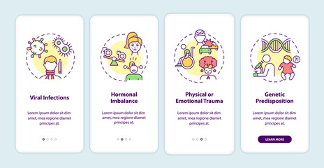 CFS causes onboarding mobile app page screen with concepts. Viral infections, emotional trauma walkthrough 4 steps graphic instructions. UI vector template with RGB color illustrations