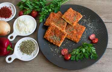 Pepper paste, curd cheese bread, thyme presentation, top view