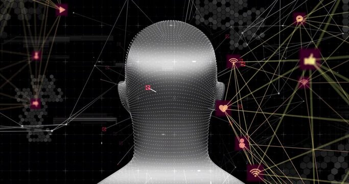 Animation of human head spinning with digital interface connections netwroks