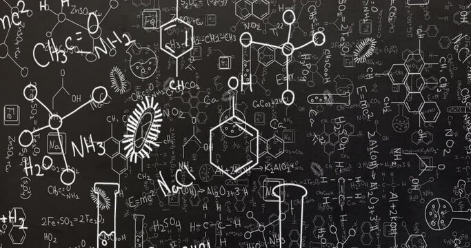 Animation of white structural formulae of chemical compounds on blackboard