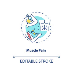 Muscle pain concept icon. CFS symptom idea thin line illustration. Sore and aching muscles. Lingering tiredness and feeling drained. Vector isolated outline RGB color drawing. Editable stroke