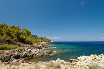 Fototapeta na wymiar Coastal path in the Agriates desert. Corsica island