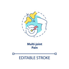 Multi-joint pain concept icon. CFS symptom idea thin line illustration. Chronic joint disorder. Muscle weakness. Lyme disease. Vector isolated outline RGB color drawing. Editable stroke