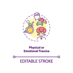 Physical and emotional trauma concept icon. CFS cause idea thin line illustration. Injury and surgery. Significant emotional stress. Vector isolated outline RGB color drawing. Editable stroke