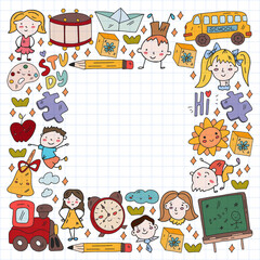 Obraz premium Vector pattern. School and online education. Little boys and girls play and grow together.