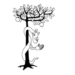 crafty the serpent tempter with tree of knowledge, biblical character, vector illustration with black ink contour lines isolated on a white background in a hand drawn style
