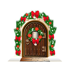 The door is decorated for Christmas with a wreath of Christmas tree branches, balls, beads and red bows. Merry Christmas. Vector illustration.