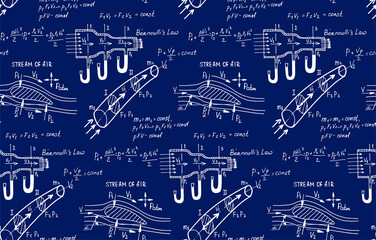 Aerodynamics. 
Airplane turbine, wing and stream of air. Physical equations and formulas on blueprint. Retro vector hand-drawn seamless pattern.