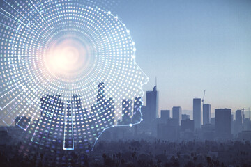 Brain hologram drawing on cityscape background multi exposure. Ai in modern city concept.