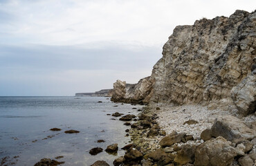 Fototapeta na wymiar Dzhangulskoe landslide coast nature reserve in the morning in the Republic of Crimea, Russia. September 27, 2020