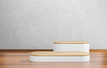 Abstract minimal with geometric forms. wood podium in white background. product presentation, mock up, show cosmetic product display, Podium, stage pedestal or platform. 3D rendering. 3D illustration