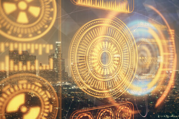 Double exposure of technology theme hologram and cityscape background. Concept of Hightech.