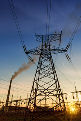Fototapeta premium High voltage power tower beautiful scenery at dusk