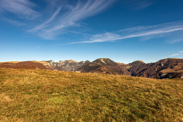 Mountain Range of the Monte Carega, called the small Dolomites, view from the Lessinia Plateau (Altopiano della Lessinia), Verona province, Veneto, Italy, Europe.