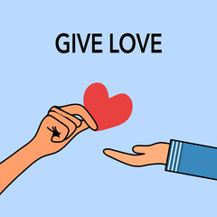 Hand giving heart symbol to the other hand in flat design. Give love concept vector illustration. Love sharing. I love you.