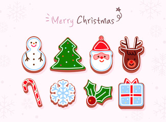 Cute Christmas Cookie Illustration. Decorated with icing, tree, Santa, Rudolph, gift box, candy cane, snowflake cookie.