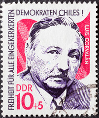 GERMANY, DDR - CIRCA 1973 : a postage stamp from Germany, GDR showing a portrait of Luis Corvalan, the Chilean labor leader. Solidarity with the Chilean people