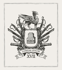 Heraldic Coat of arms in vintage style with knightly shield, griffin, spears, sabers, swords, cannons, ribbon and castle. A medieval heraldry, emblem, sign, symbol. Old hand-drawn vector illustration.