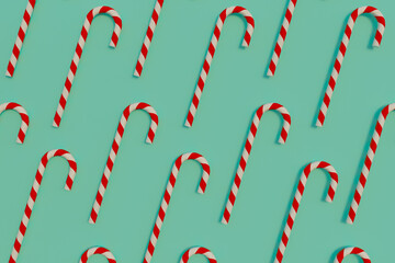 Christmas background. Sweet stick with red and white spiral. New year concept. Flat lay, pattern. 3D rendering