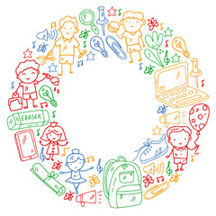 Vector pattern with items for school. Online internet education, e-learning.