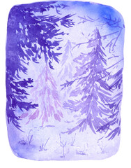 Watercolor winter forest scene. Perfect for printing, textile, web design, souvenirs and other creative ideas.