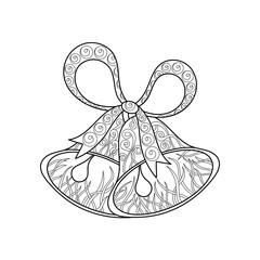 Coloring book for adults and children Two bells with a ribbon bow. Monochrome Hand-drawn anti-Stress coloring. Vector cute Doodle bells